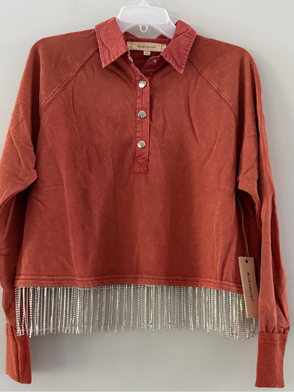 Blue Velvet BNWT Embellished Fringe Hem Pullover - Rust